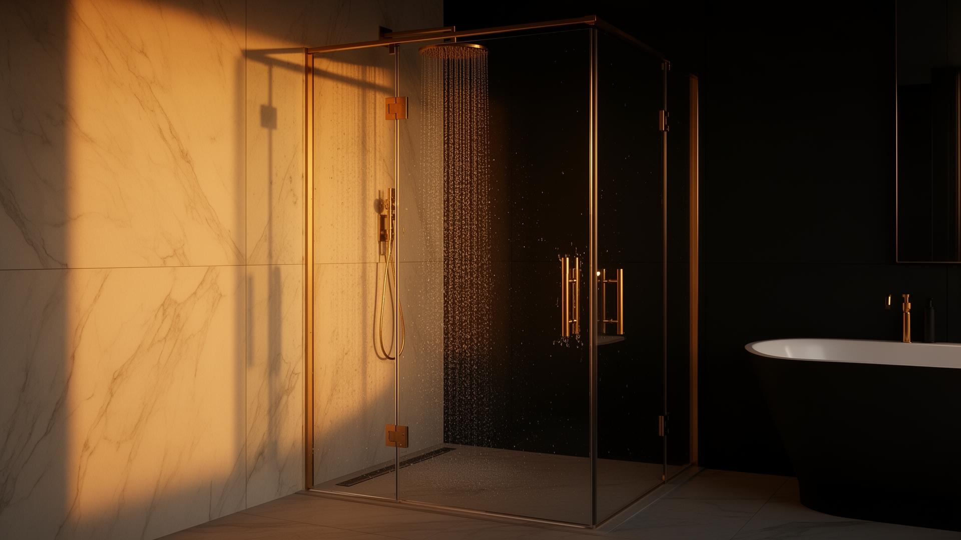 Luxury frameless shower with gold hardware
